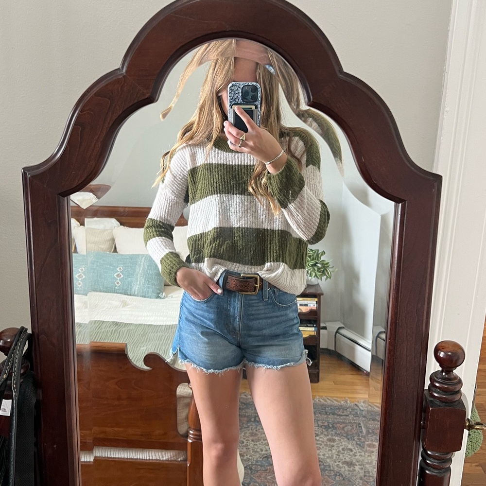 Madewell Green and White Striped Sweater
